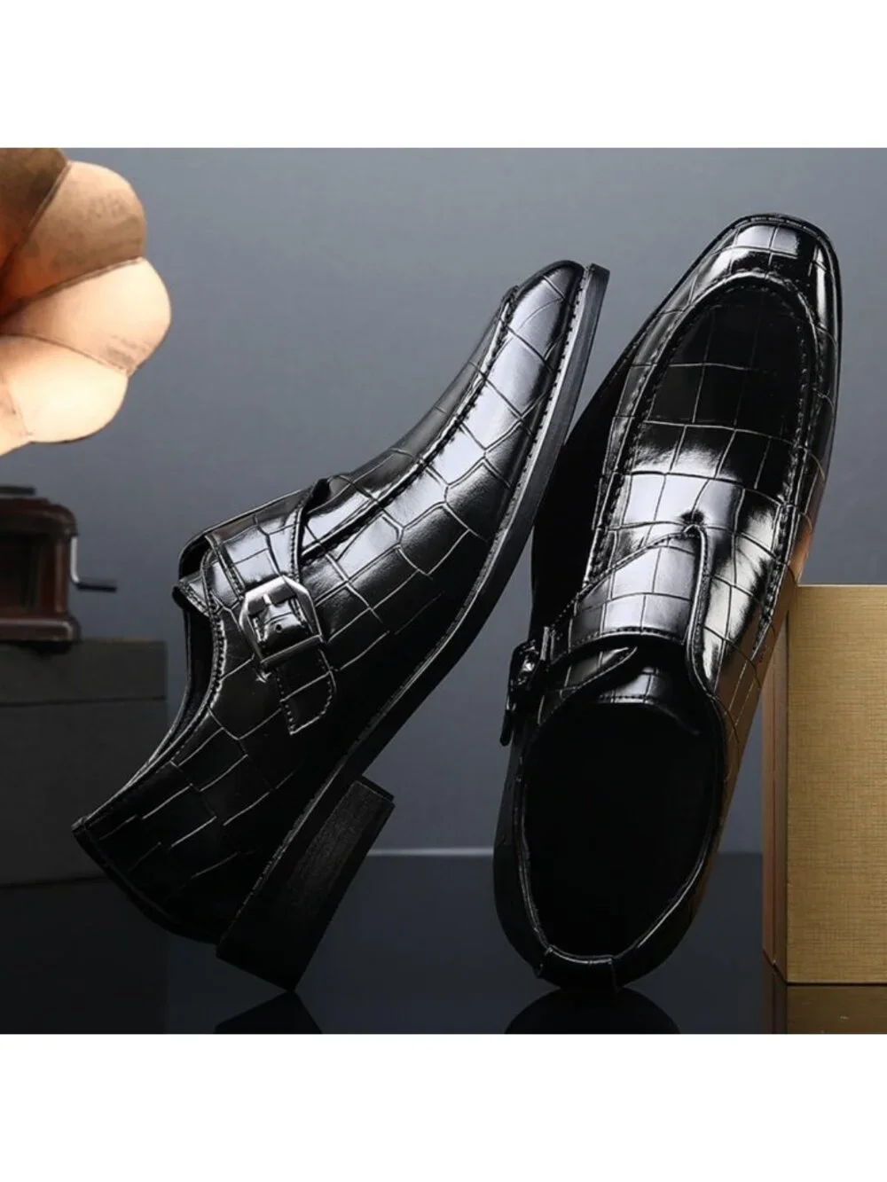 Men's Black Monk Strap Dress Loafer Shoes Retro Leather Oxfords Shoes